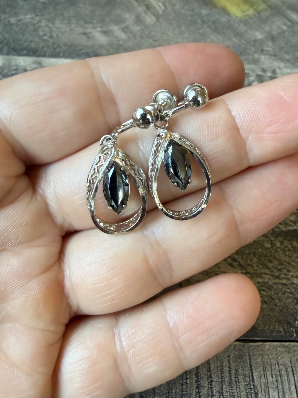 Vintage Titan Sterling Silver Marquise Black Gemstone Earrings.